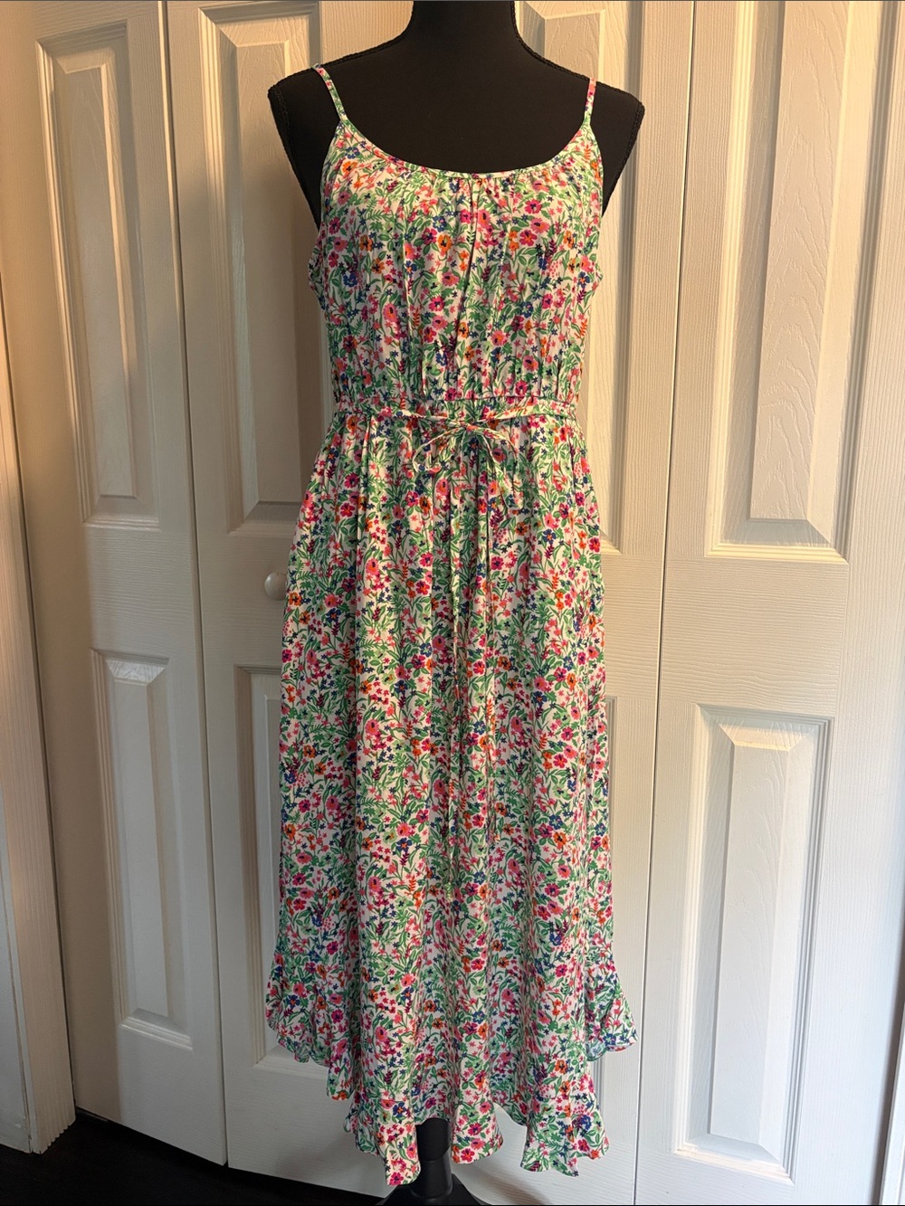 J. Crew Pink & Green Floral Spaghetti-Strap Midi Sun Dress